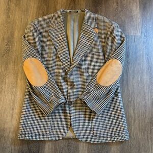 VTG Hunter Haig Pure Wool Brown Houndstooth Tweed Blazer 42R Elbow Patch USA